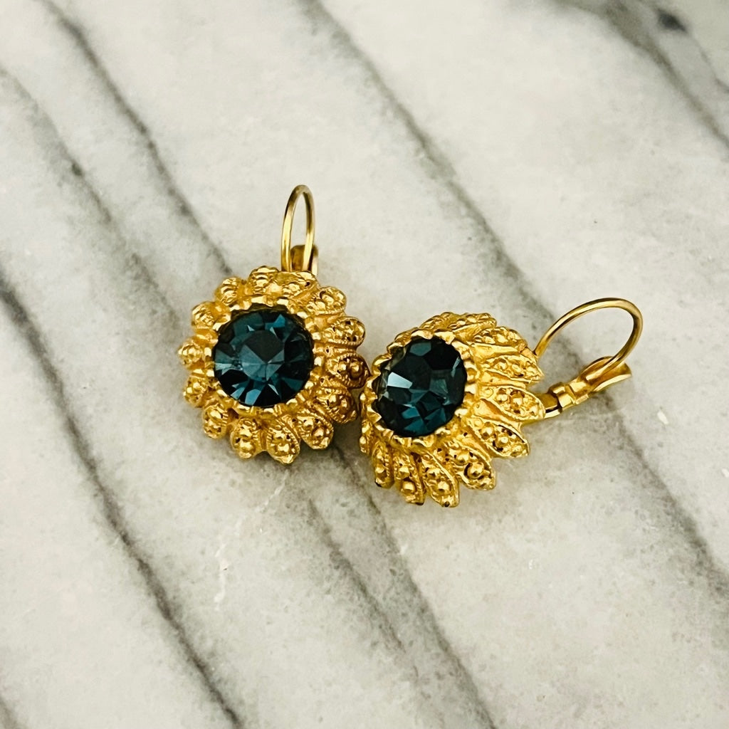 Vintage Signed Made in USA Teal Crystal Drop Earrings