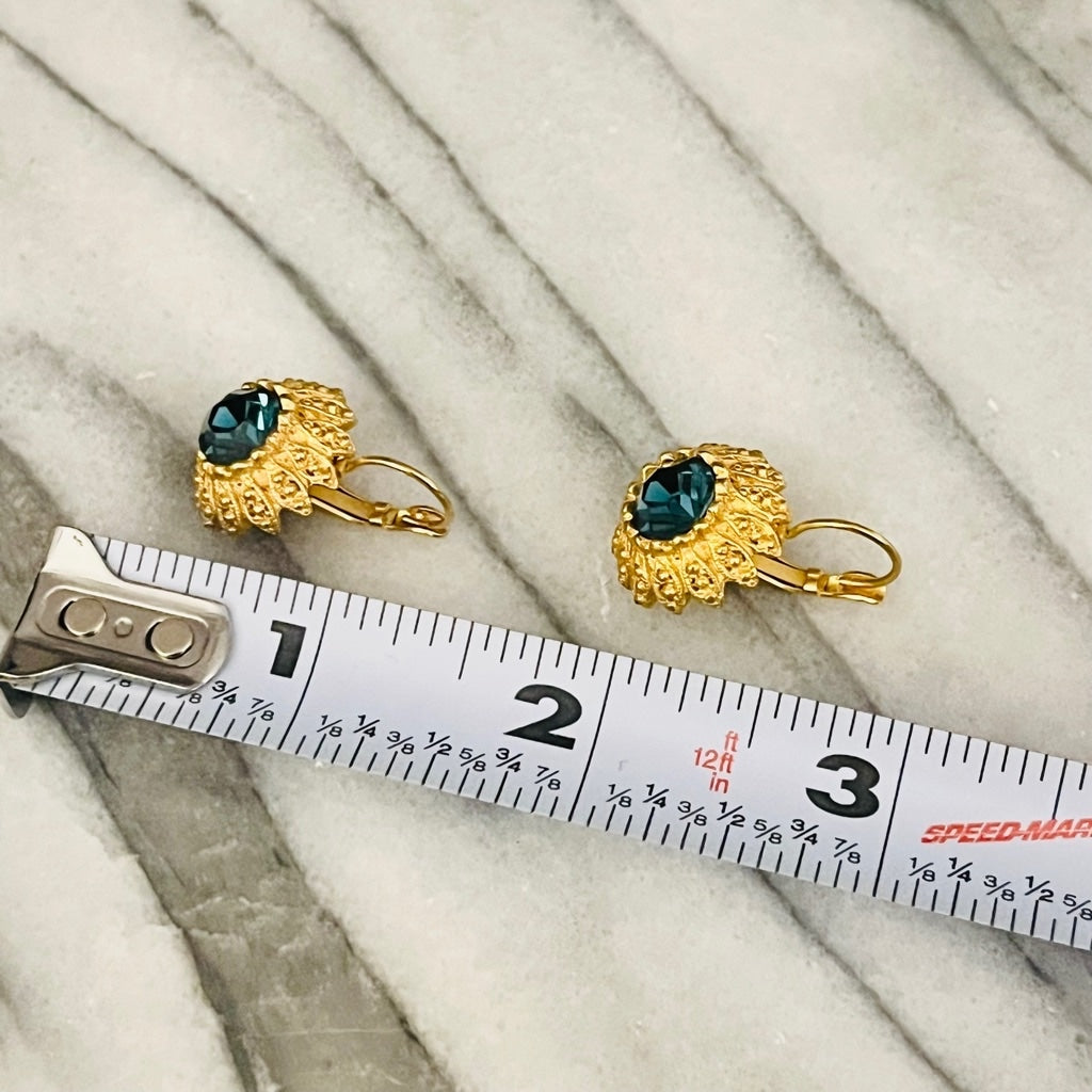 Vintage Signed Made in USA Teal Crystal Drop Earrings