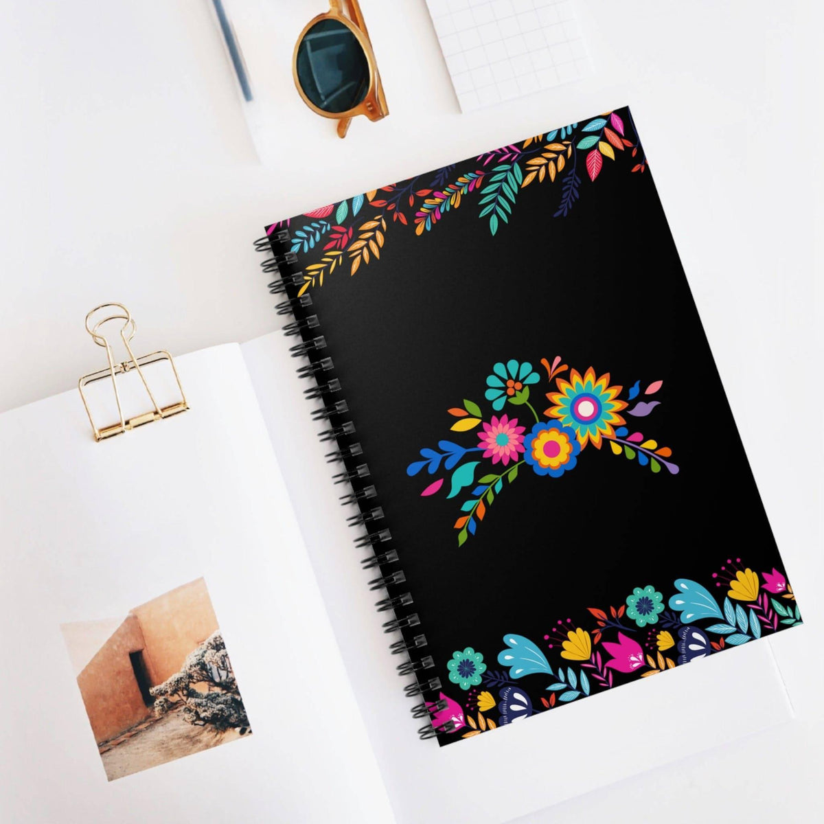 Funky Floral Black 6x8 Spiral Notebook - Ruled Line - Kate Burton Company